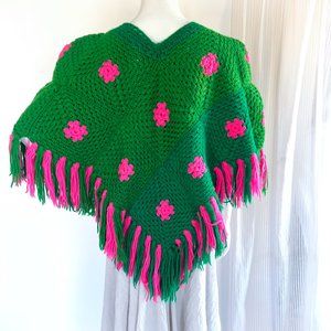 Granny Square Green and Bright Pink Crochet Poncho with Tassels 🌸
